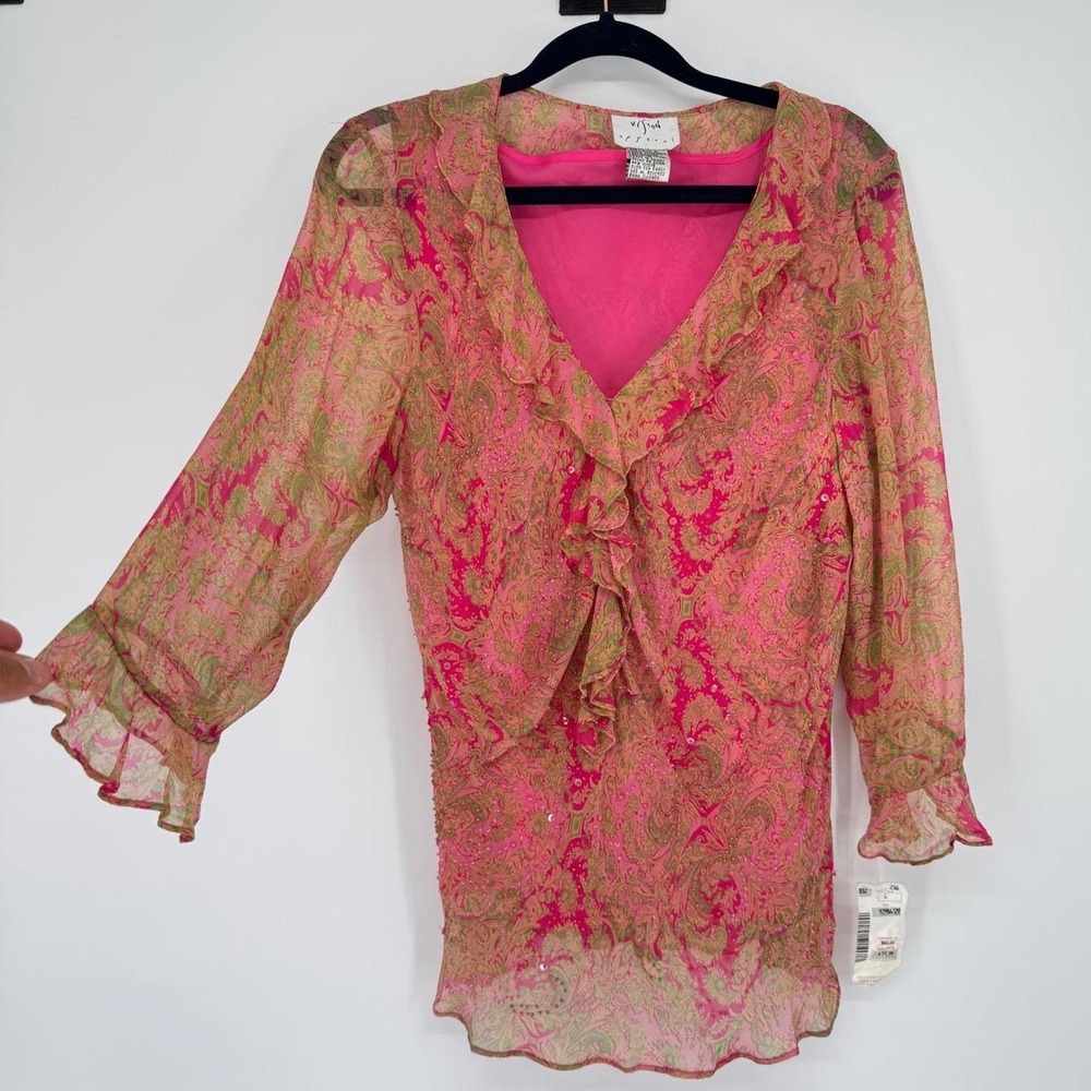 Vintage Y2K Vivid Apparel 100% Silk Pink Paisley Ruffle Boho Blouse Top L Fairy